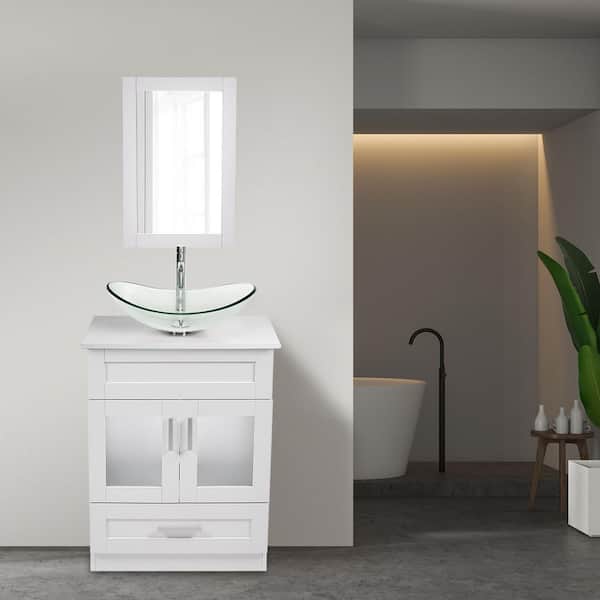 24 in. W x 19 in. D x 33 in. H Single Sink White Bath Vanity with Silver Solid Surface Top Sink and Mirror
