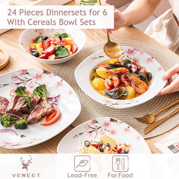 VEWEET 48-Piece Pink Floral Ivory White Porcelain Dinnerware (Set