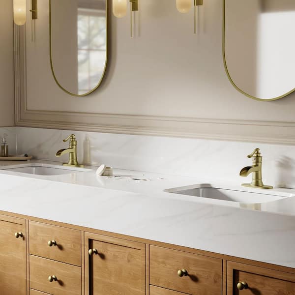 Waterfall Single Hole Single-Handle Low-Arc Bathroom Faucet Water-Saving Vanity with Drain Kit in Brushed Gold