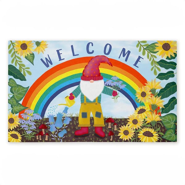 Welcome Rainbow Gnome Blue 18 in. x 30 in. Polyester Non-Slip Outdoor Door Mat