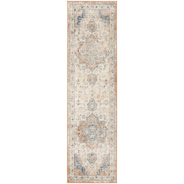 Essentials Persian Beige Blue 2 ft. x 14 ft. Center medallion Traditional Runner Area Rug
