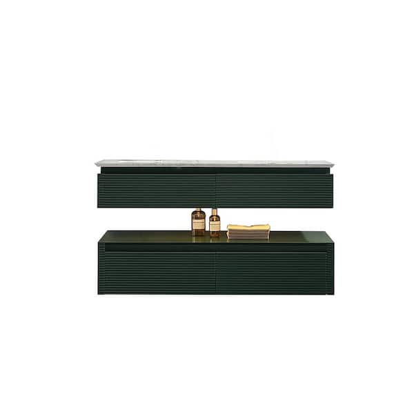 JimsMaison 48 in. W x 21 in. D x 30 in. H Double Sink Wall-Mounted Bath Vanity in Green with White Engineered Stone Top