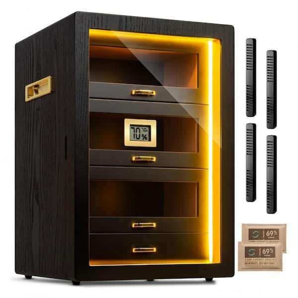10.24 x 15.75in. H Brown Walnut Cedar Wood Cigar Humidor Cabinet with Digital Hygrometer and LED Light