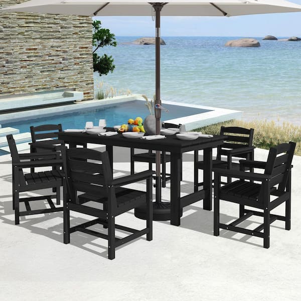 JEAREY HDPE 7-Piece Plastic Rectangle Standard Height Outdoor Dining Set in Black