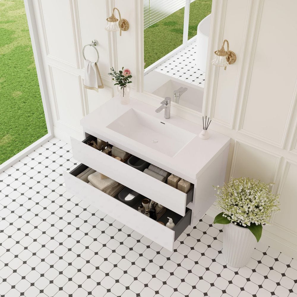 42" Glossy White MDF Floating Bathroom Vanity with Resin Sink