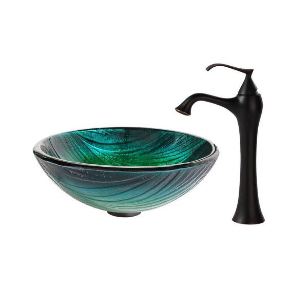 KRAUS Nei Glass Vessel Sink in Green with Ventus Faucet in Oil Rubbed Bronze