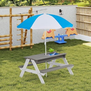 3-in-1 Kids Gray Outdoor Wooden Rectangle Picnic Table with Benches and Colorful Umbrella