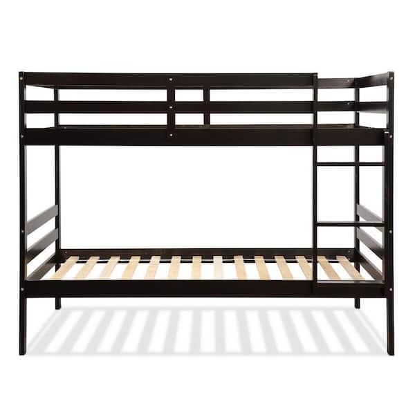 FORCLOVER Coffee Hardwood Twin Bunk Bed with Fixed Ladder