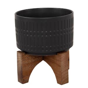 7 in. Matte Black Ceramic Roman with Wood Stand Mid-Century Planter