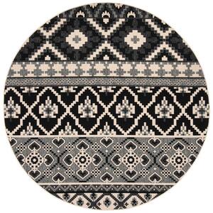 Veranda Black/Beige 7 ft. x 7 ft. Round Floral Indoor/Outdoor Patio  Area Rug