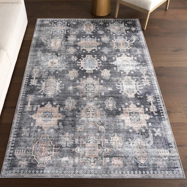 Philomena Medallion Spill Proof Machine Washable Area Rug Charcoal 5' ft. x 8' ft. Area Rug