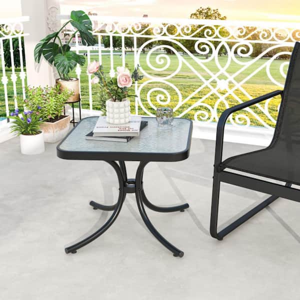 20 in. W Black Square Outdoor Side Table Tempered Glass Top Coffee Table with Metal Frame for Patio, Bistro or Garden