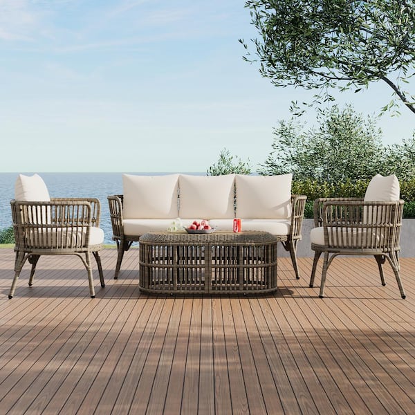 Unbranded 4-Piece Rattan Wicker Outdoor Patio Conversation Set with Brown Grey Cushions for 5 and Coffee Table