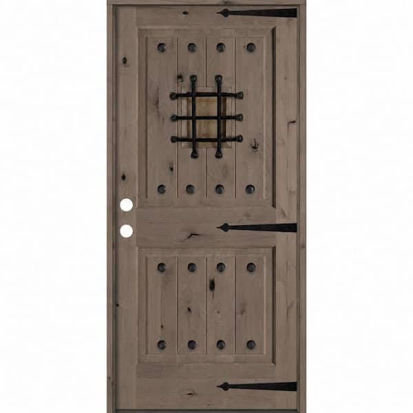 42 in. x 80 in. Med. Knotty Alder Square Top Right-Hand/Inswing BEHR Weathered Gray Stain Single Wood Prehung Front Door