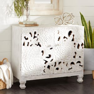 White Wood Intricately Carved Floral Cabinet
