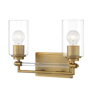 Binsly 15.75 in. 2-Light Aged Brass Vanity Light with Clear Glass Shades