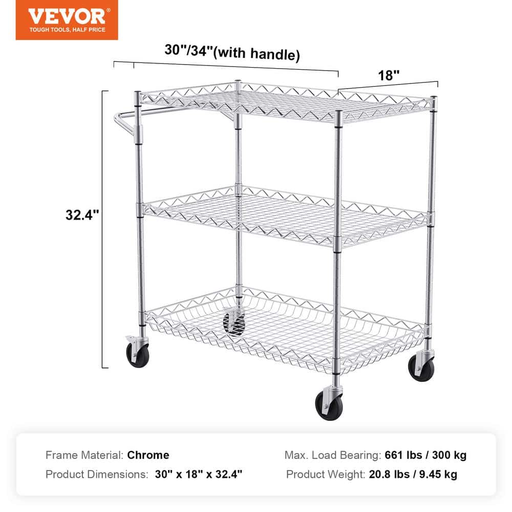 Silver 3-Tier Steel Utility Cart with Hooks and Wheels