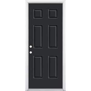 32 in. x 80 in. 6-Panel Jet Black Right-Hand Inswing Painted Smooth Fiberglass Prehung Front Door with Brickmold