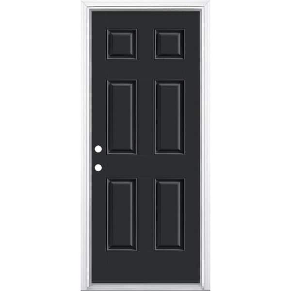 Masonite 32 in. x 80 in. 6-Panel Jet Black Right-Hand Inswing Painted Smooth Fiberglass Prehung Front Door with Brickmold
