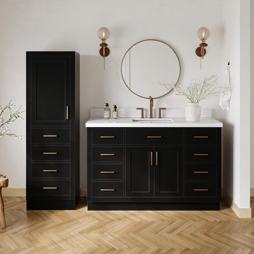 Hepburn 55 in. Single Sink Bath Vanity with Pure White Quartz Top and Linen Cabinet in Black price history on PriceWatchPro
