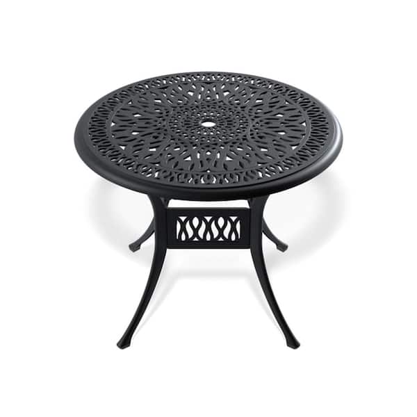 35.43 in. Round Cast Aluminum Black Outdoor Patio Dining Table with Umbrella Hole