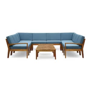 Grenada Teak Brown 12-Piece Wood Patio Conversation Set with Blue Cushions