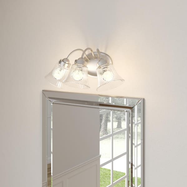 Fluted Glass Collection 3-Light Brushed Nickel Clear Prismatic Glass Traditional Bath Vanity Light