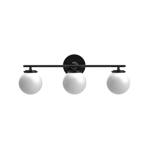 Wynton 24 in. 3-Light Black Mid-Century Modern Bathroom Vanity Light with Satin Etched Cased Opal Glass