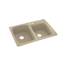 Dual-Mount Solid Surface 33 in. x 22 in. 2-Hole 55/45 Double Bowl Kitchen Sink in Prairie