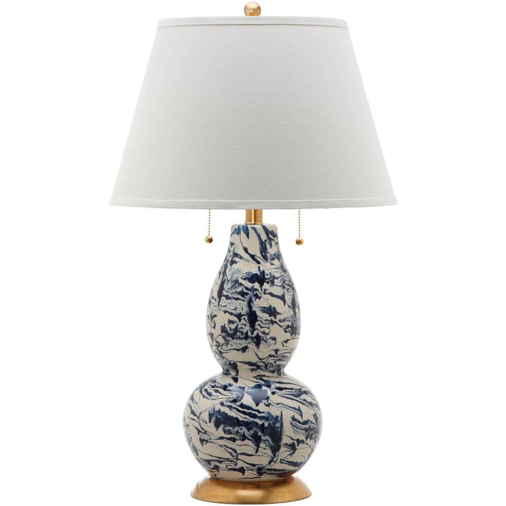 Navy and White Marbleized Glass Table Lamp Set with Gold Accents