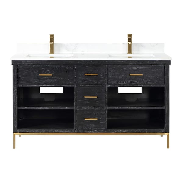 Altair Kesia 60 in. W x 22 in. D x 34 in. H Bath Vanity in Black Oak with Carrara White Composite Stone Top