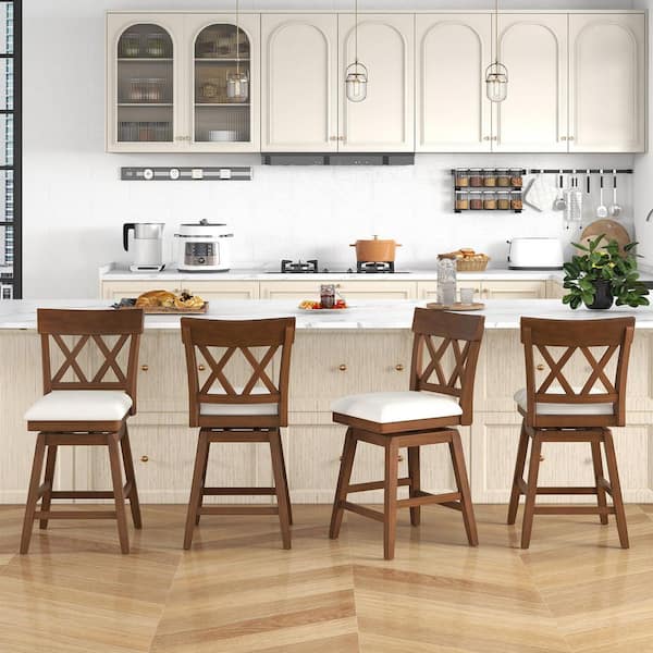 Gymax 26 in. Bar Stool Wooden Chair (Set of 2) w/Contoured Backrest Swivel Padded Seat Brown and Beige