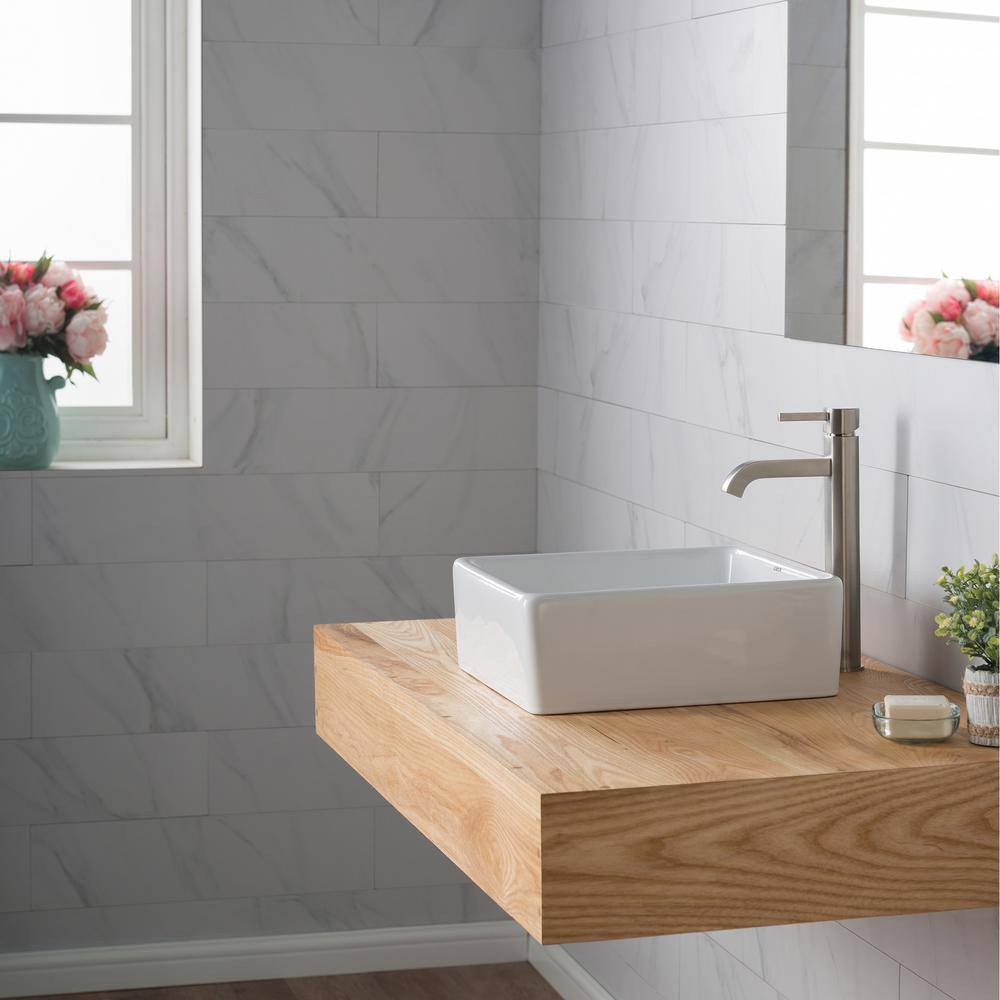 15-inch White Ceramic Square Vessel Sink with Satin Nickel Faucet