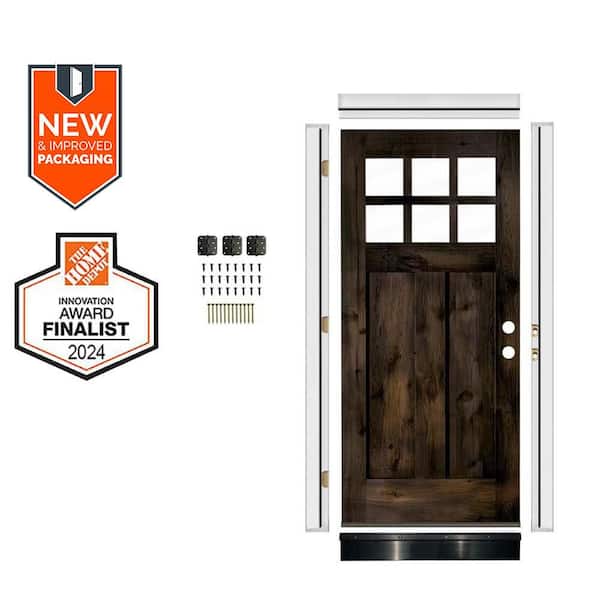 36in.x80in. KnottyAlder LH 6-Lite Clear Glass Black Stain Wood AssemblyRequired Front Door Kit w/QuickAssembleJamb