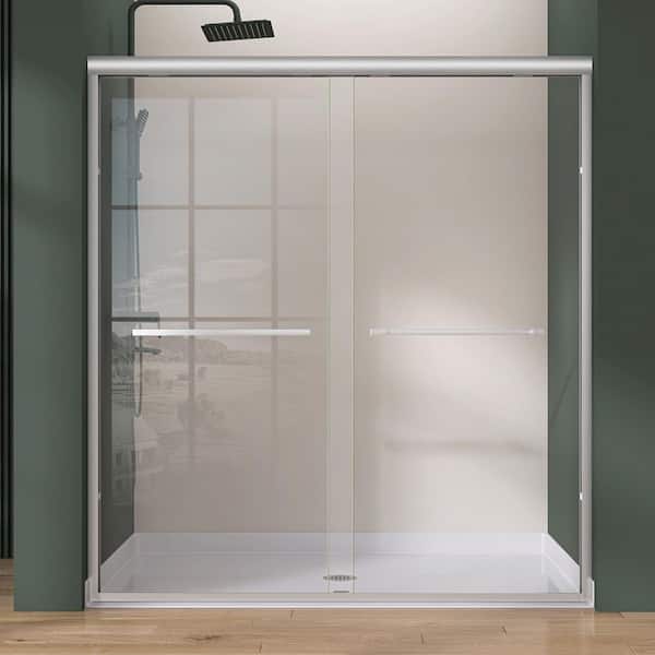 68 to 72 in. W x 75 in. H Double Sliding Shower Door in Brushed Nickel Framed Bypass Alcove Shower Door with Clear Glass