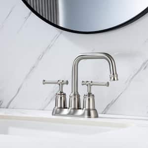 Modern Commercial 4 in. Centerset Double Handle Low Arc Bathroom Faucet with Drain Kit Included in Brushed Nickel