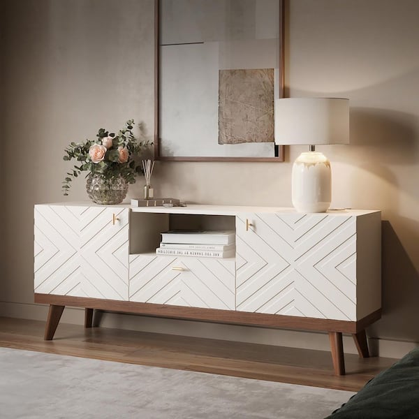 LIVING SKOG Alba 59 in. Beige TV Stand with Drawer Fits TV's up to 65 in. with Cable Management and Wood Legs