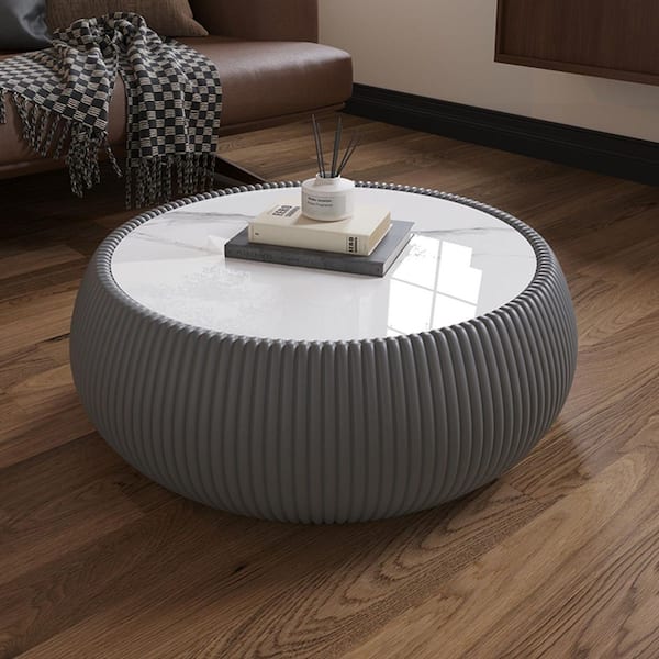 Halvion Modern 27.55 in. Grey Round PU Leather Drum Shape Light Marble Top Coffee Table