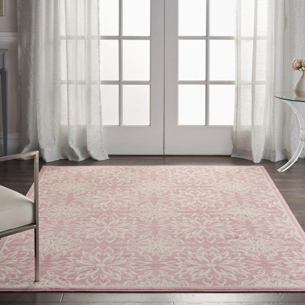 Ivory and Pink Floral Synthetic 6' x 9' Area Rug