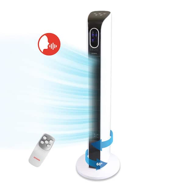 Voice Control 34 in. Tower Fan 5 in. Round 3-fan speed, White, Ultra Quiet, Cools Up to 650 sq. ft.