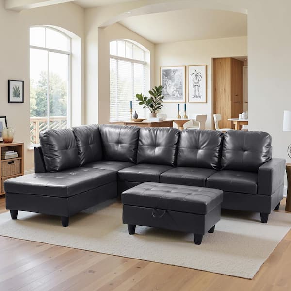 104 in. Straight Arm 3-Piece Luxury Leather L-Shaped Sectional Sofa Set in. Black, Modern Couches with Storage Ottoman