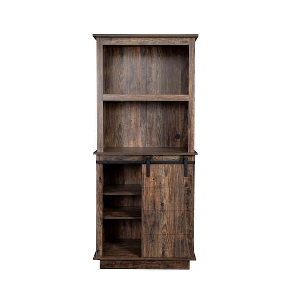 Unbranded Brown Wood Pantry Organizer Kitchen Cabinet with Sliding Barn Door, Adjustable Shelf