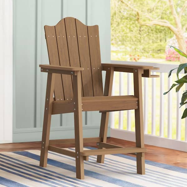 LUE BONA Brown HDPS Plastic Outdoor Barstools 25.6 in. H Tall Balcony Adirondack Armchair with Cup Holder for Pool