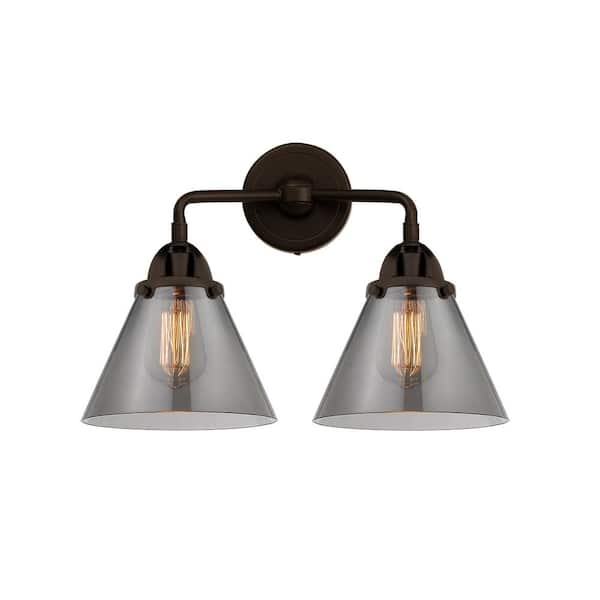 Cone 15.75 in. 2-Light Oil Rubbed Bronze Vanity Light with Black Glass Shade