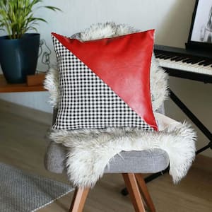 Boho-Chic Handcrafted Vegan Faux Leather Black and Red 18 in. x 18 in. Houndstooth Throw Pillow Cover