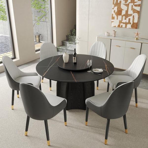 J&E Home Black Marble Top 53.15 in. Pedestal Round Dining Table with 360 Degree Rotating Tabletop (Seats 6)