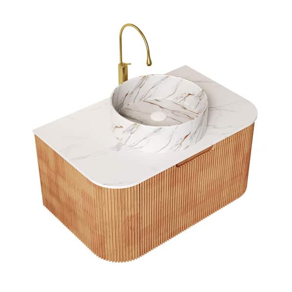 Loiry 36 in. Floating Nature Wood Bath Vanity with Ceramic Basin and White Artifical Marble Top Pre-assembled