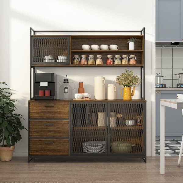 FUFU GAGA 59 in. W Kitchen Brown Wood Buffet Sideboard Pantry Cabinet For Dining Room with Metal Mesh Doors 3 Drawers Shelves KF210150 012
