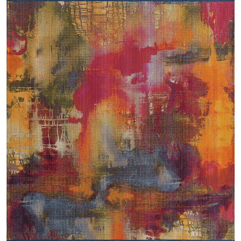 Vibrant Abstract Multi-Color 6' Square Outdoor Synthetic Rug