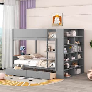 Gray Full over Full Wood Bunk Bed with Multi-Layer Cabinet, 2-Drawer